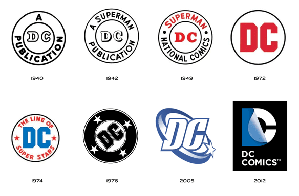 Todos os logos da DC Comics com o passar dos anos. O novo logo remete muito ao de 1972.