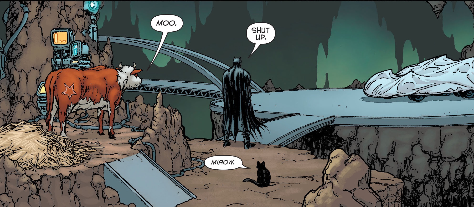 "Muu. Cale-se. Miau." Corporação Batman #13.