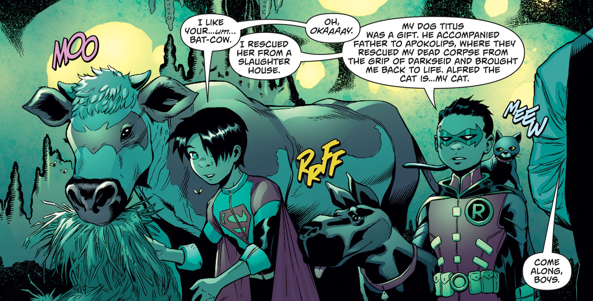 Em Superman #10, Damian faz as pazes com Jon Kent e apresenta todos seus mascotes ao Superboy.