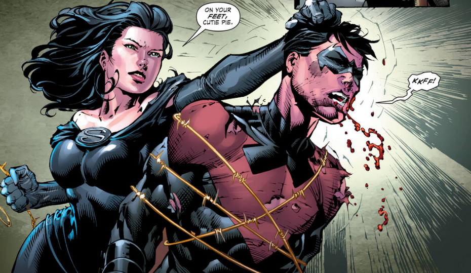 Nightwing sendo desmascarado em Vilania Eterna.