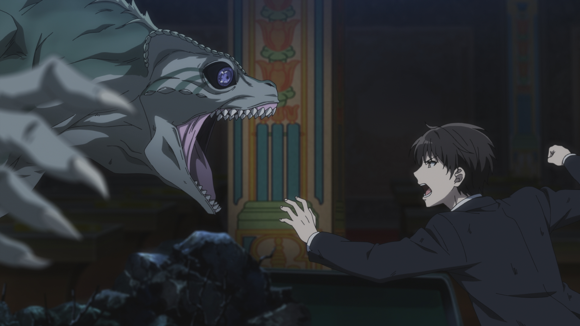Captura de tela do episódio 11 de "The Detective is Already Dead", mostrando Camaleão (esquerda) e Kimihiko (direita)