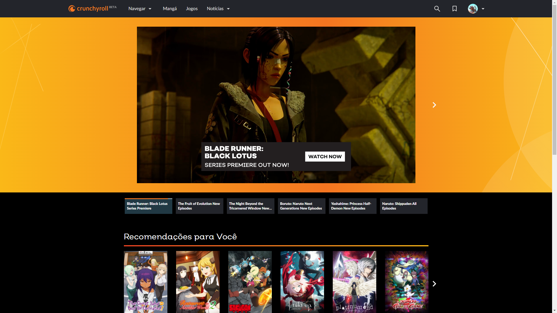 Captura de tela da página inicial da Crunchyroll Beta