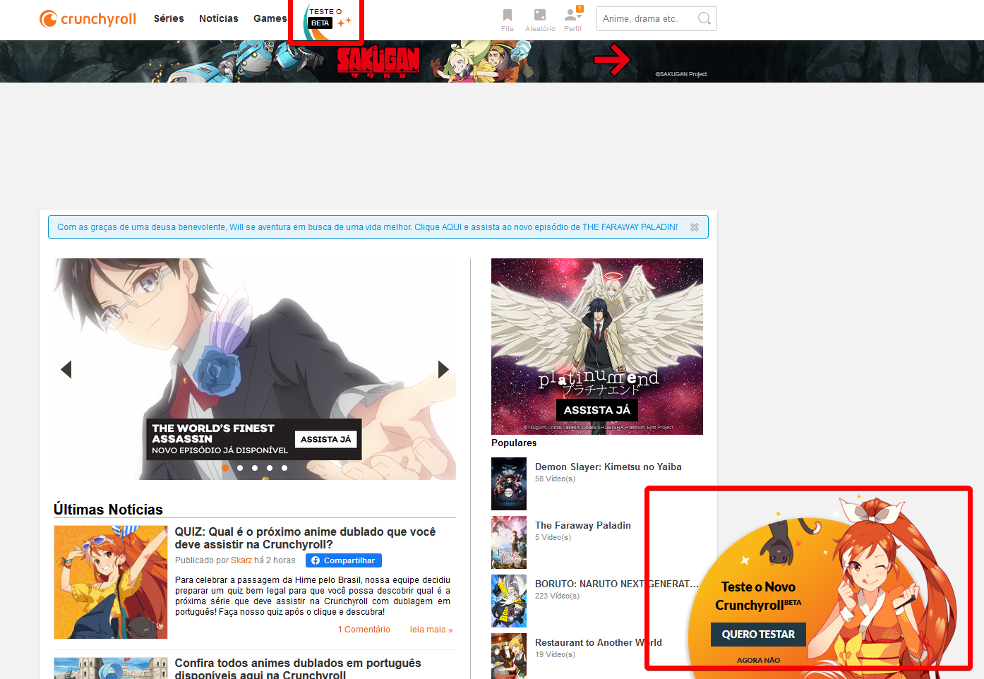 Captura de tela da página inicial da Crunchyroll, destacando as formas de acesso à Crunchyroll Beta