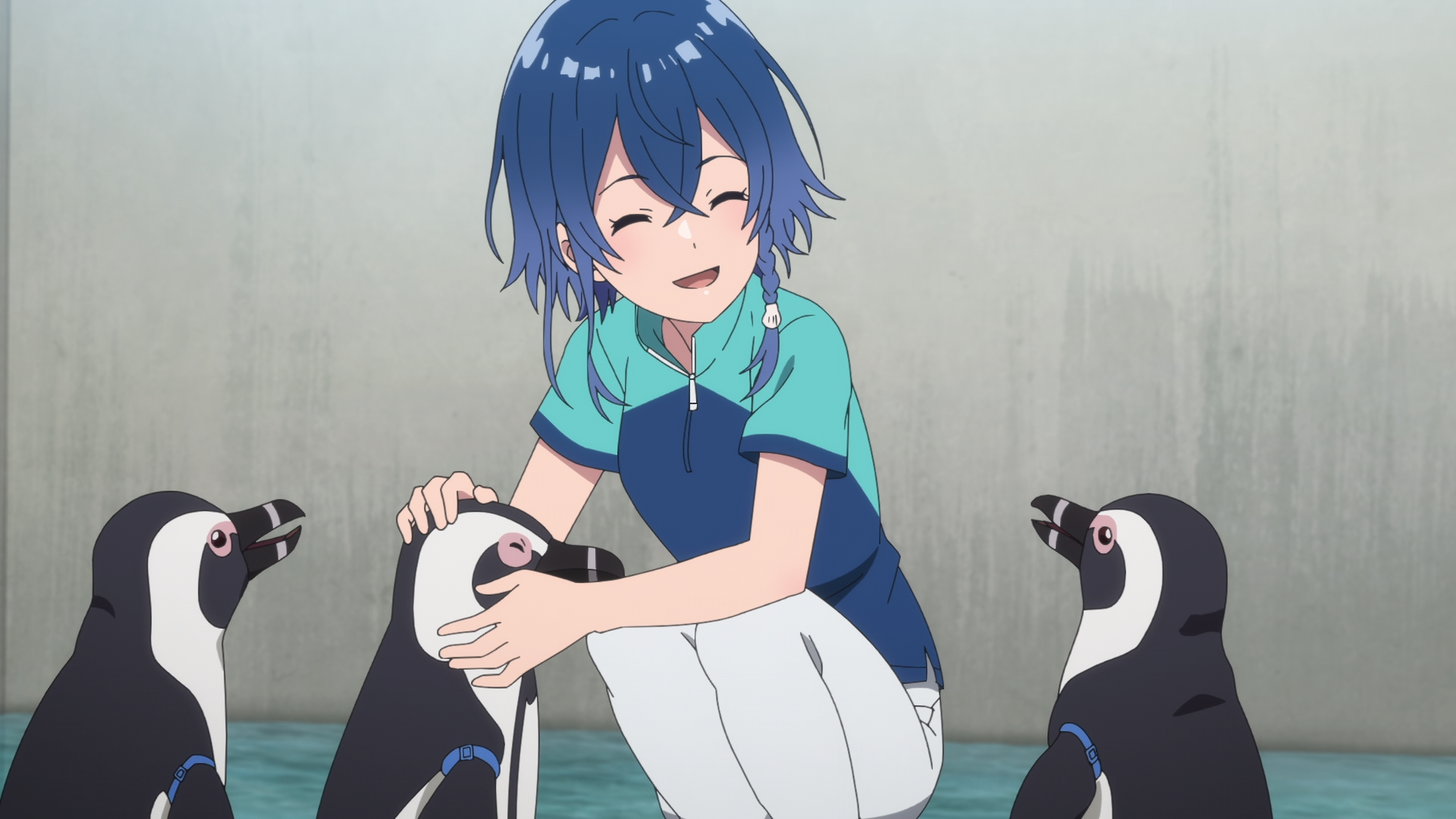 Captura de tela do episódio 23, mostrando Kukuru cercada por três pinguins